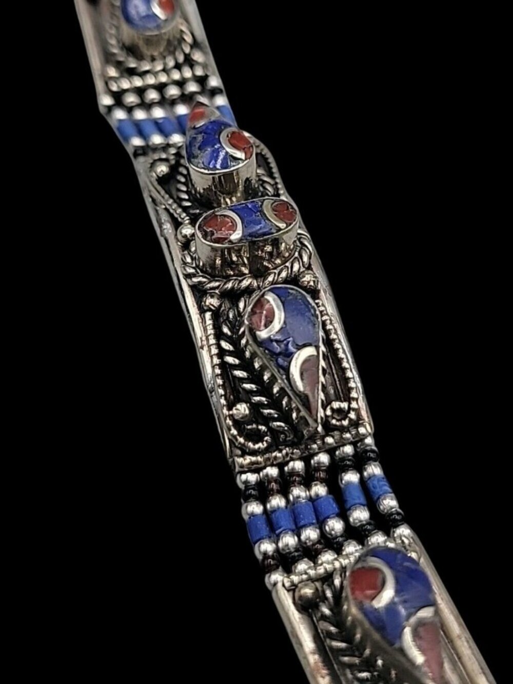 Vintage Tibetan Nepalese Silver Inlay Bracelet Lapis Coral 7.5” Ethnic Boho